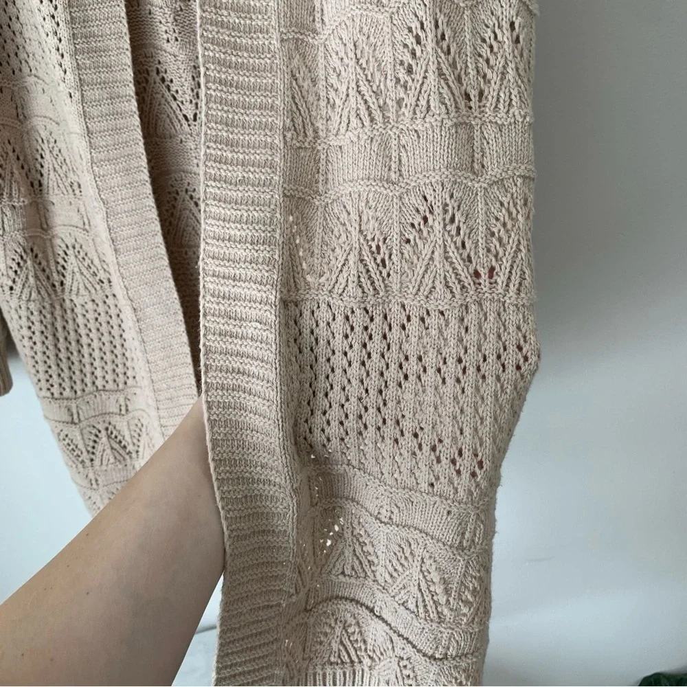 POL Crochet Knit Hooded Open Front Long Cardigan Tan Size M